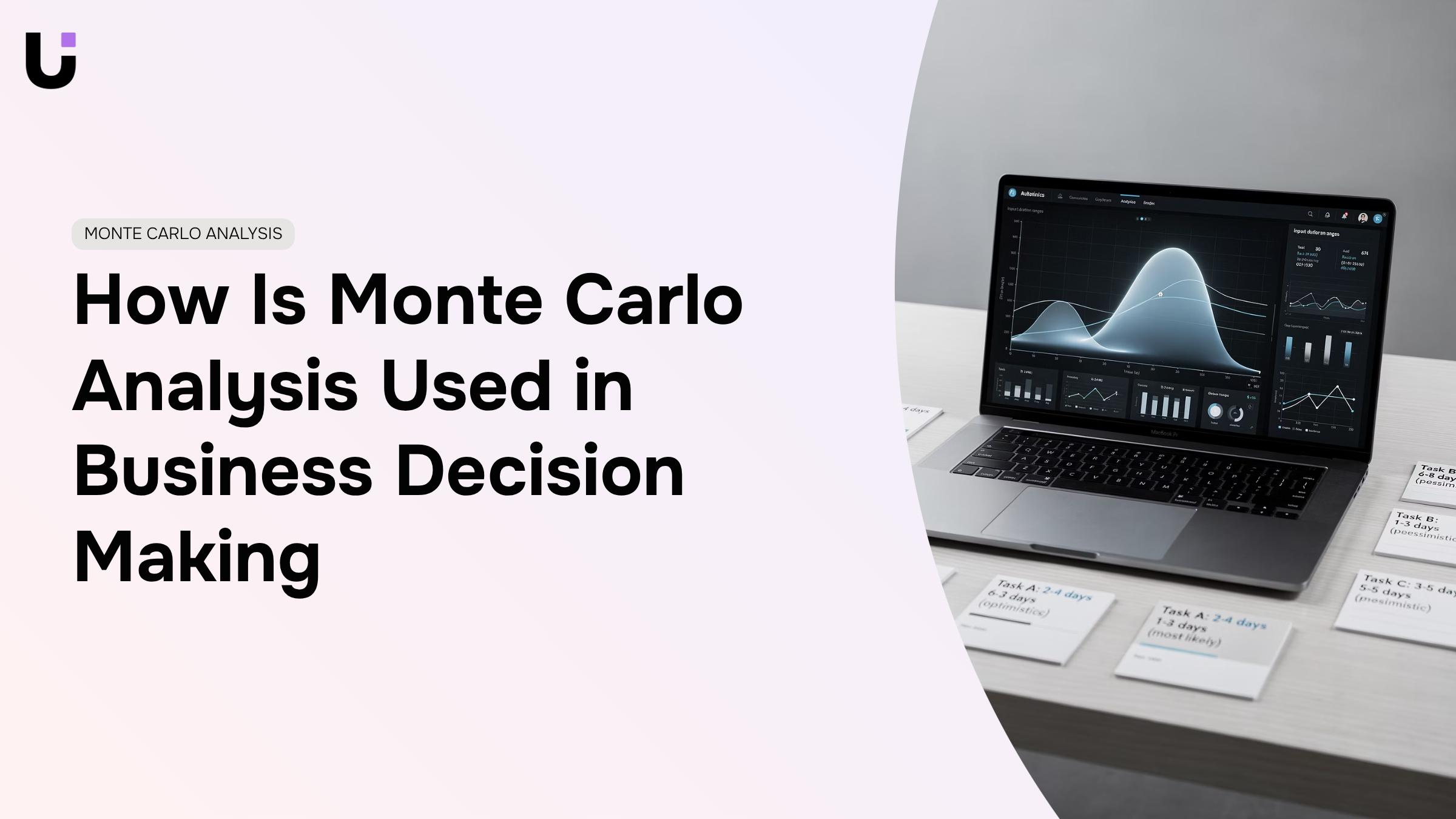 Abstract 3D data visualization dashboard with probability distributions and risk analysis curves representing Monte Carlo simulation in business decision-making