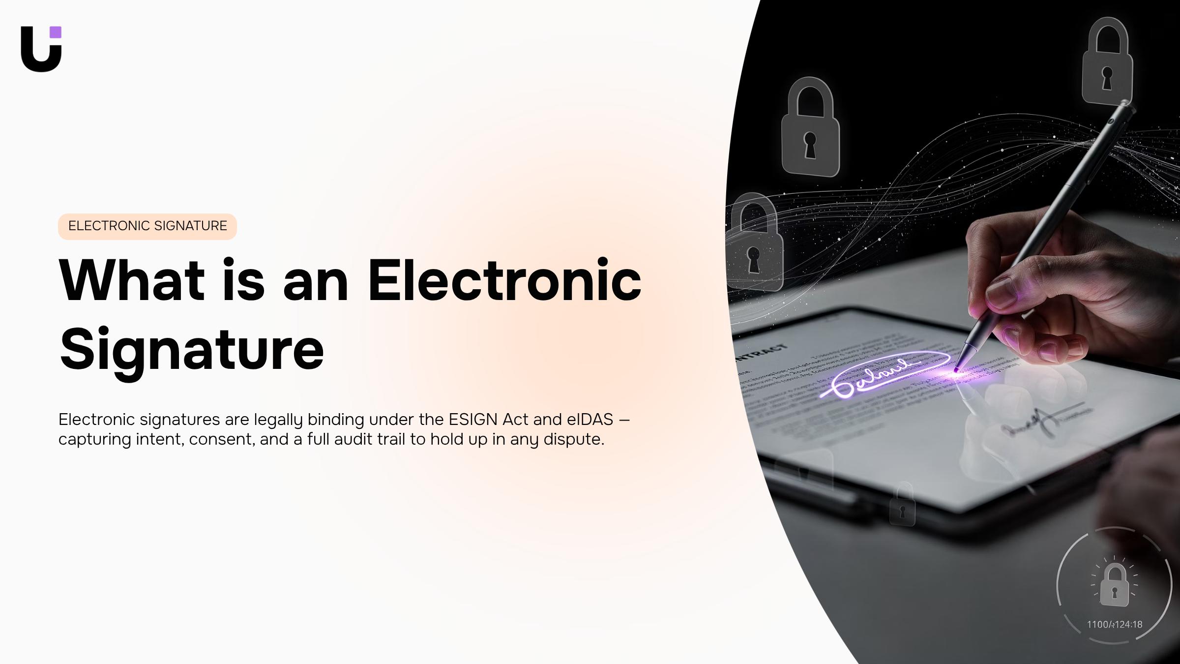 Digital signature interface with purple accent on black background, representing secure electronic signing technology