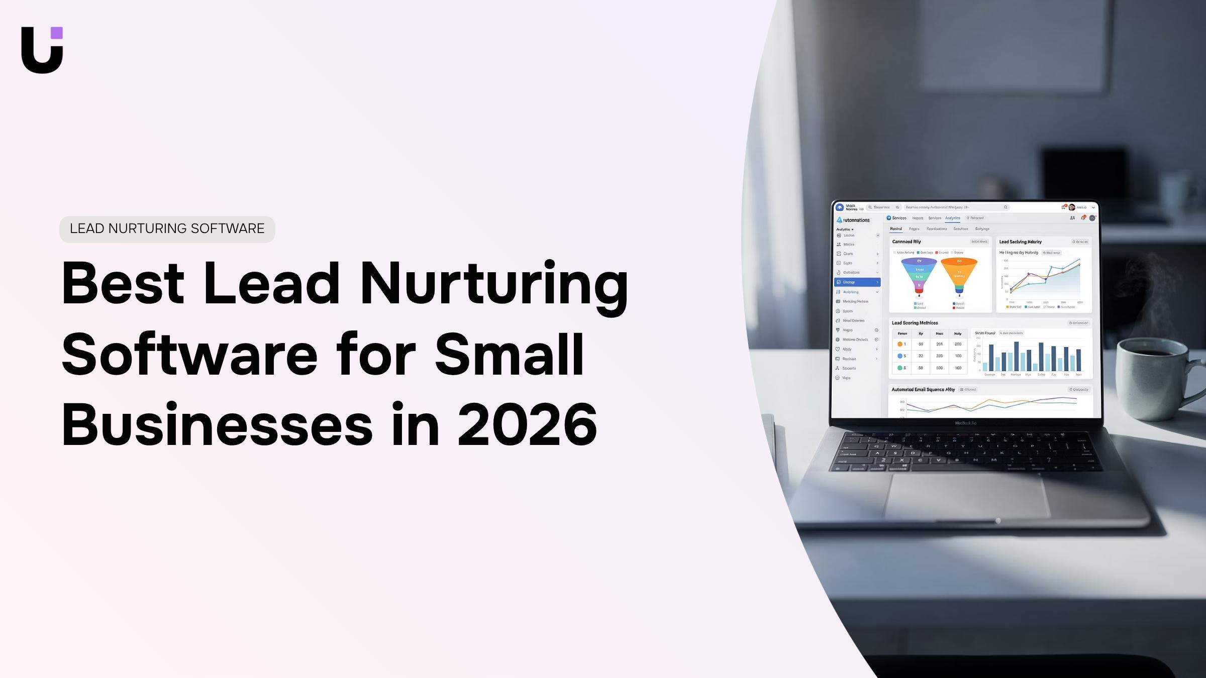 Modern office workspace with laptop displaying lead nurturing software dashboard and analytics on professional desk setup