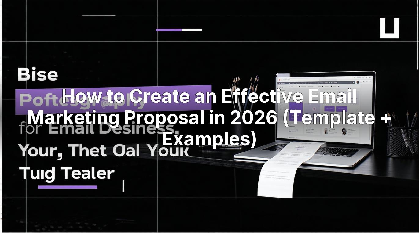 Professional office workspace with laptop displaying email marketing proposal template and purple accent elements