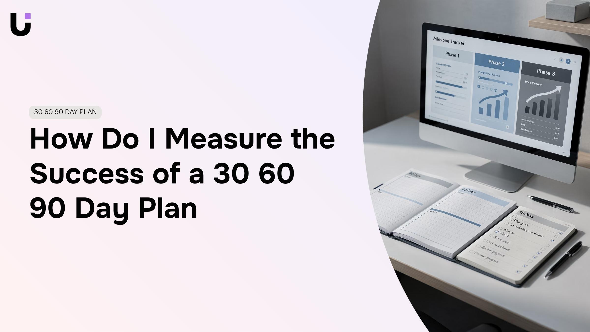 Professional 3D visualization of a 30 60 90 day plan timeline with progress metrics and analytics dashboard
