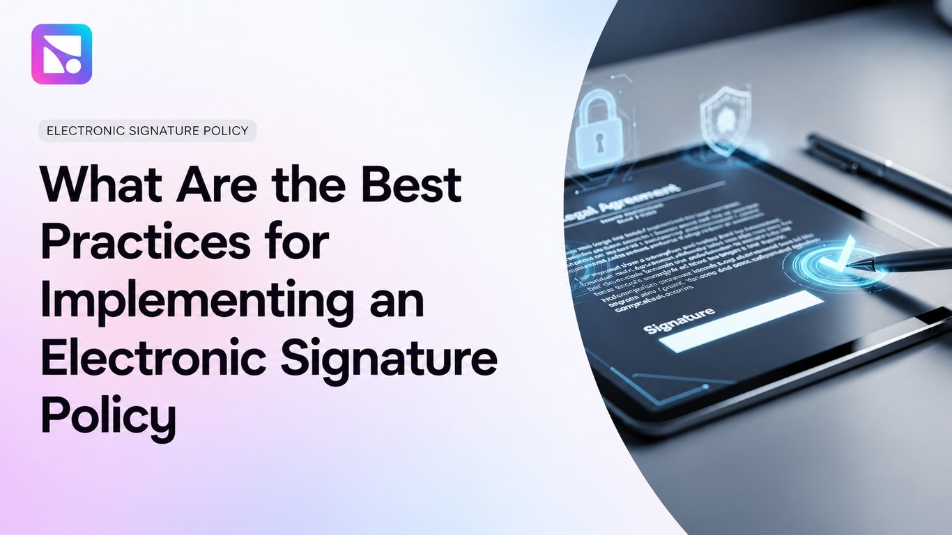 Modern digital interface with electronic signature pad on tablet, representing secure e-signature policy implementation