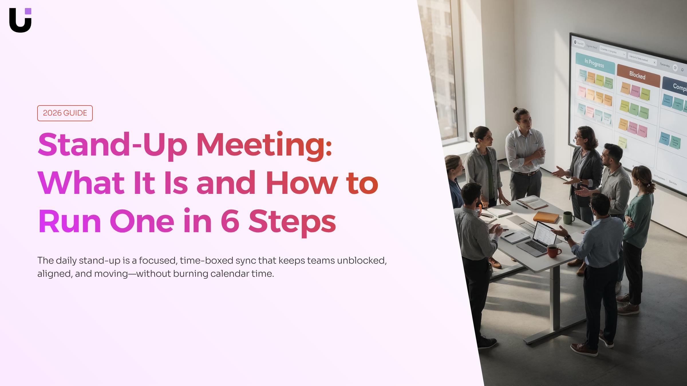 Professional team conducting a stand-up meeting in a modern office environment