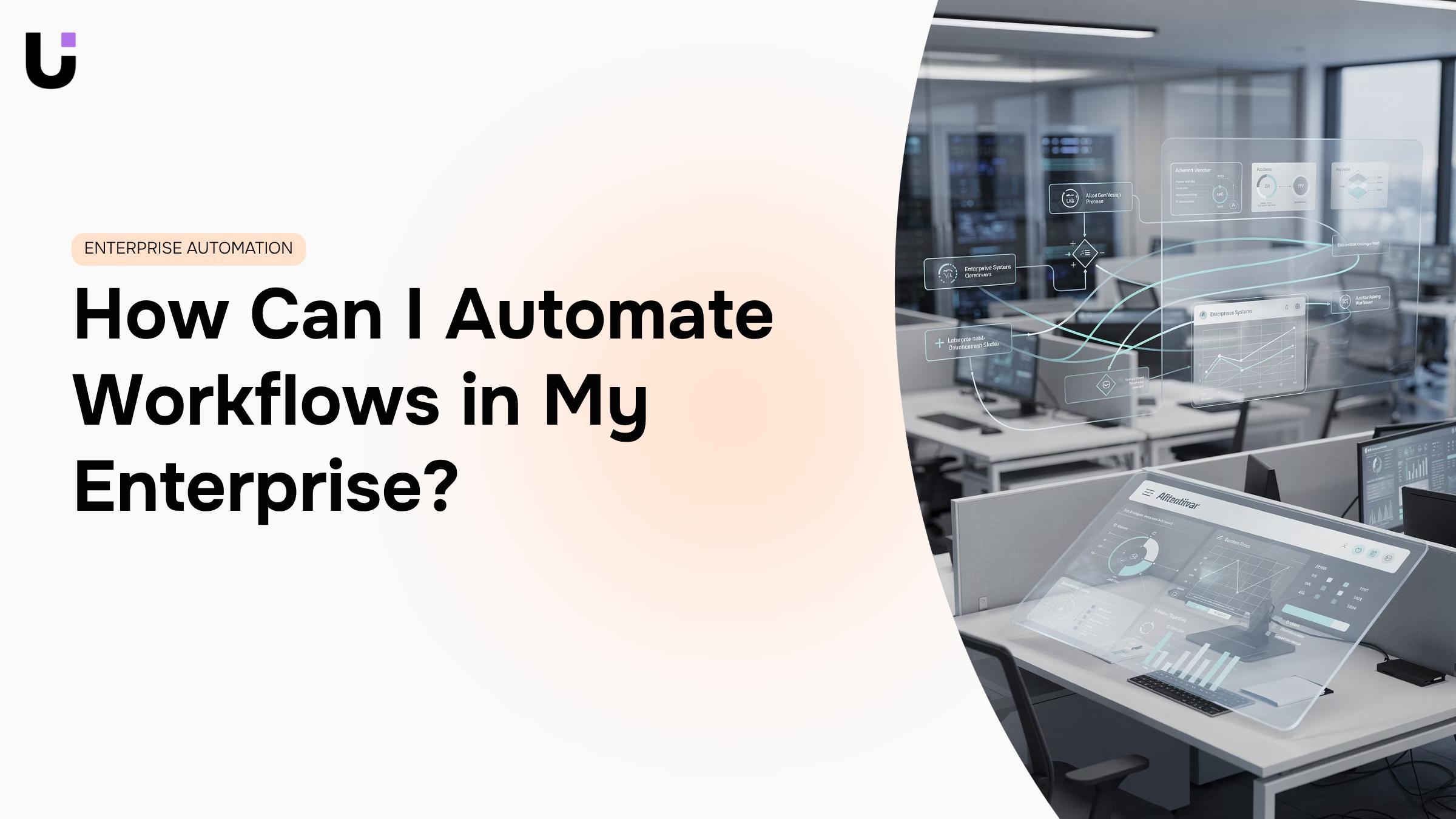 Modern office workspace with glowing digital workflow automation interfaces and connected process nodes in professional blue and gray tones