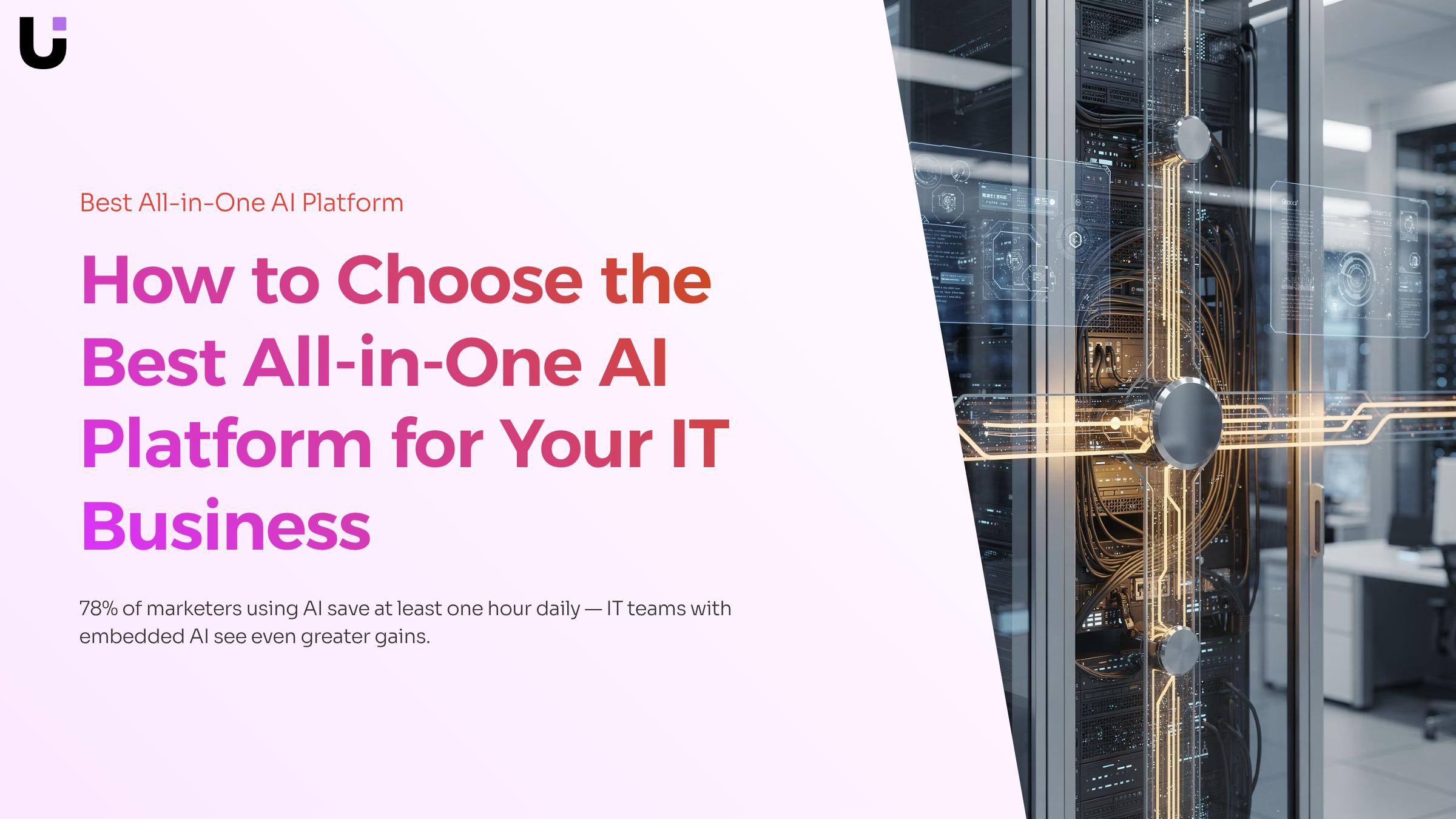 Modern professional workspace with unified AI dashboard on monitor, representing integrated all-in-one platform for IT business